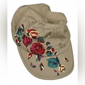 Beau Chapeau Hat Shop Embroidered
Floral Cadet Cap Tan Military Style
Adjustable